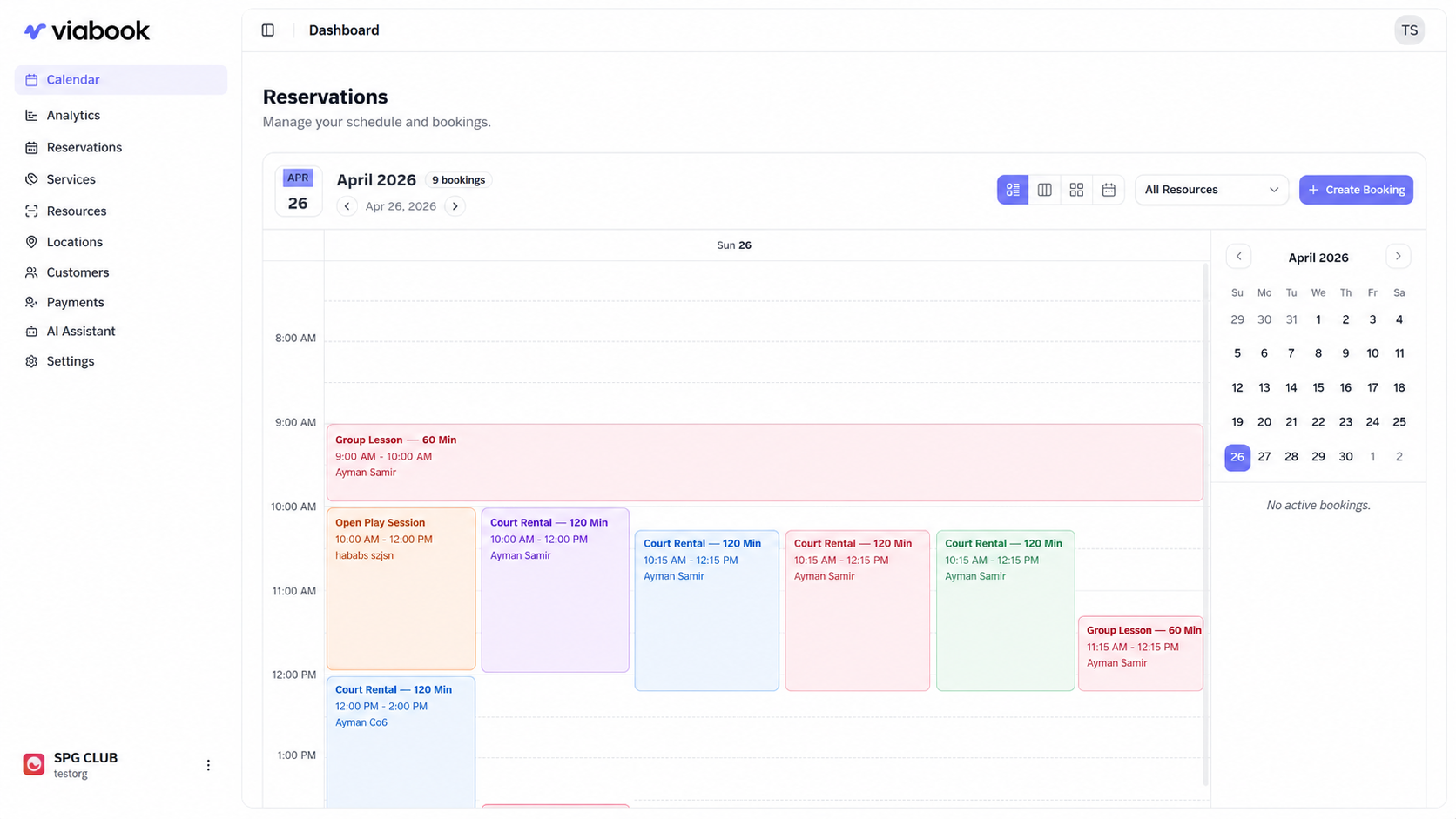 Viabook reservations dashboard showing an April 2026 daily booking calendar